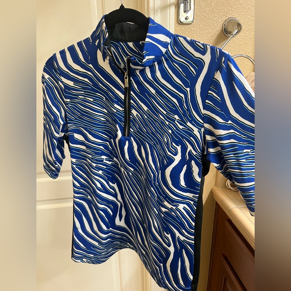 Blue Swirl Patterned Quarter Zip Women’s 3/4 Sleeve Shirt